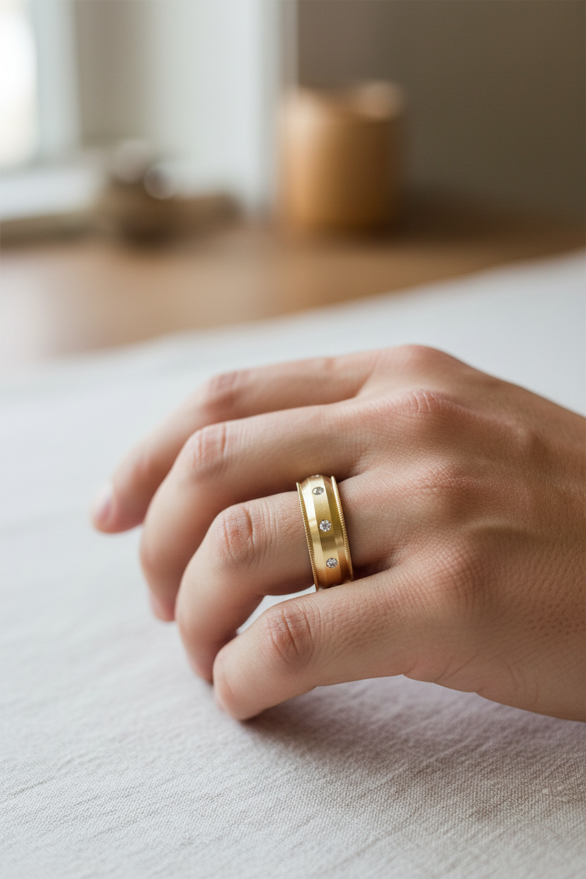 14k Yellow Gold Diamond Milligrain Wedding Band on Model