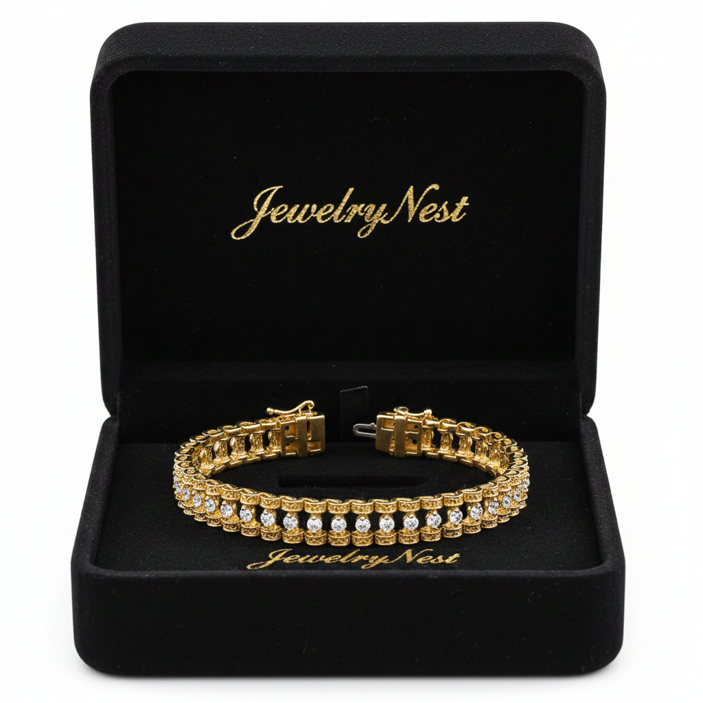 14k yellow gold diamond tennis bracelet with 2.99 carats total weight displayed in a box, showcasing sparkling diamonds and elegant design.