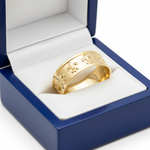 14k Yellow Gold Fleur De Lis Cigar Wedding Band in Royal Blue Wooden Box