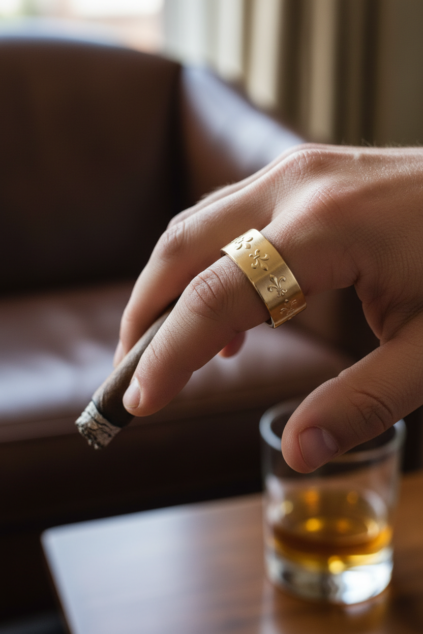 14k Yellow Gold Fleur De Lis Cigar Wedding Band on Model