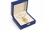 14k Yellow Gold Hamsa Ice Green Diamond Necklace in Royal Blue Wooden Box