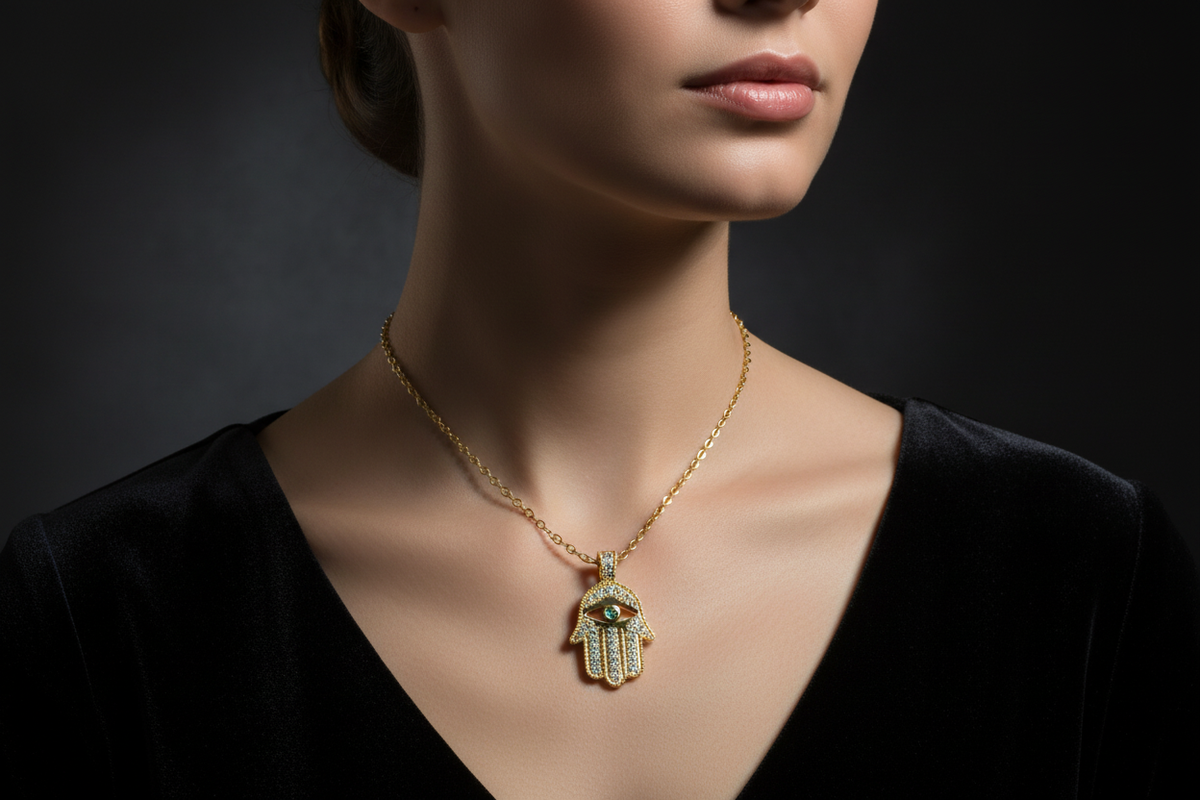 14k Yellow Gold Hamsa Ice Green Diamond Necklace on Model