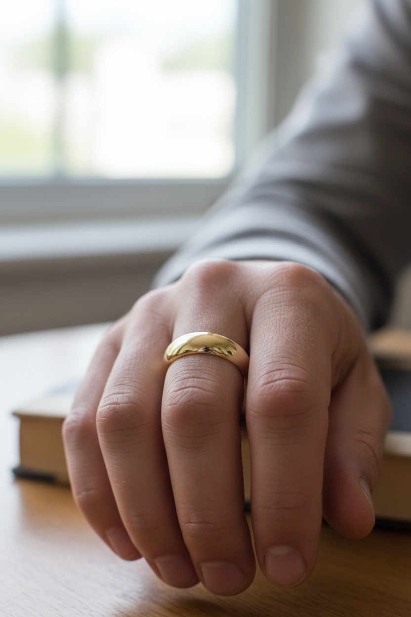 14k Yellow Gold Low Dome Comfort Fit Wedding Band on Model