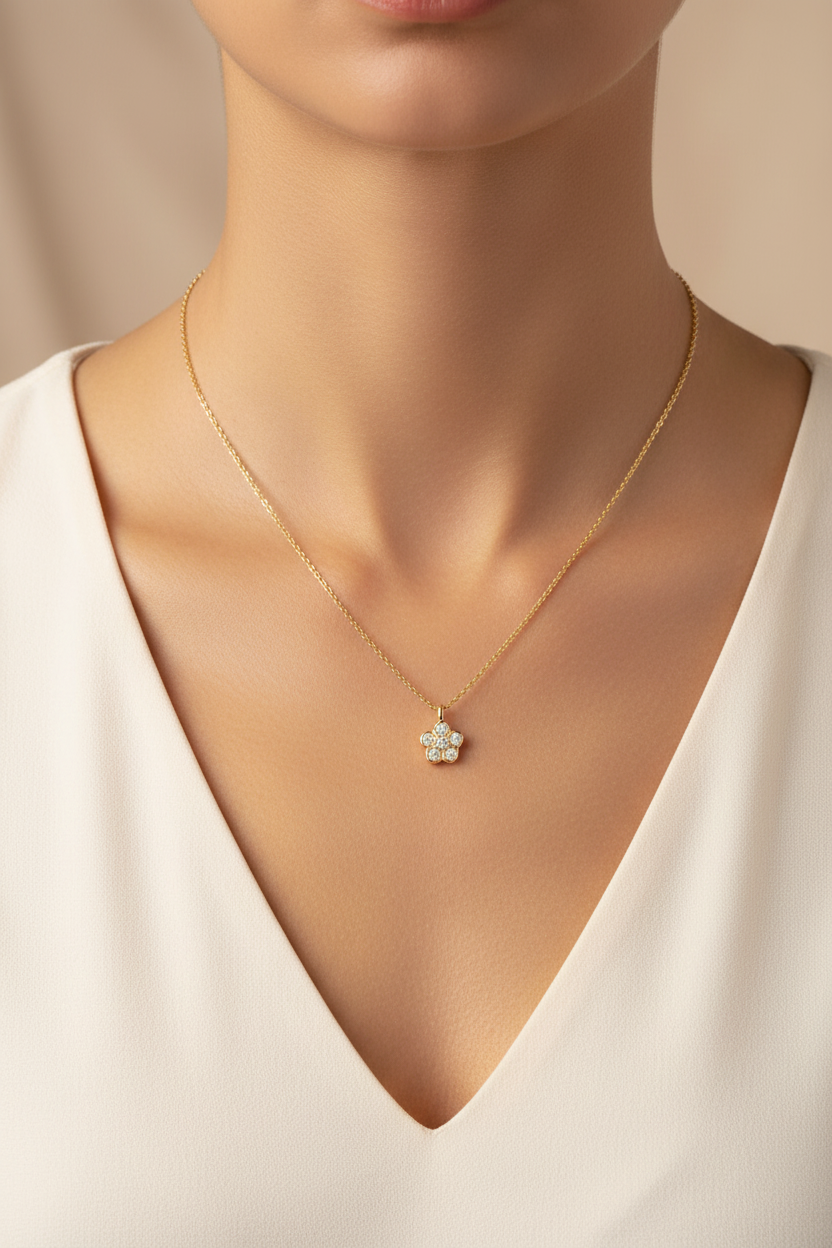 14k Yellow Gold Mini Diamond Flower Necklace on Model