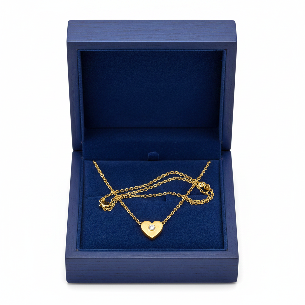 14k Yellow Gold Mini Diamond Heart Necklace in Royal Blue Box