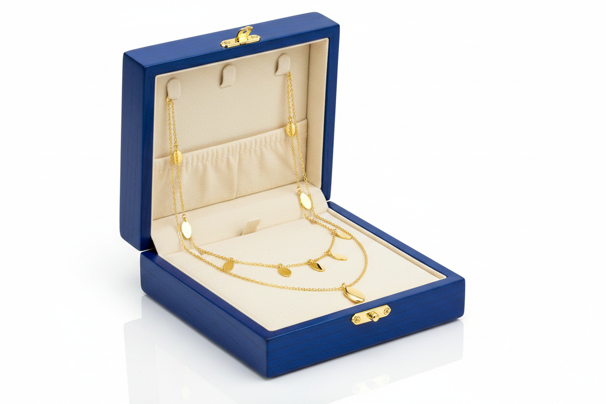 14K Yellow Gold Oval Dome Disc Layered Necklace in Royal Blue Wooden Box