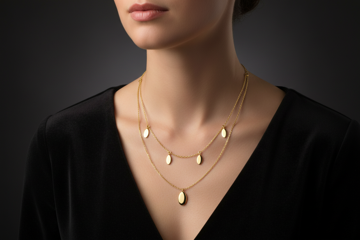 14K Yellow Gold Oval Dome Disc Layered Necklace on Model