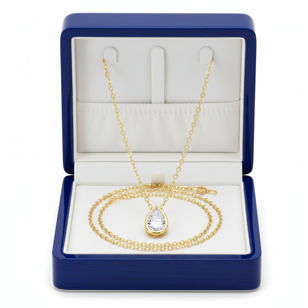 14k Yellow Gold Pear-Shape Lab Diamond Necklace in Royal Blue Wooden Box