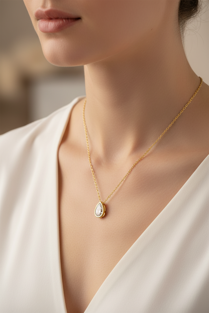 14k Yellow Gold Pear-Shape Lab Diamond Necklace on Model