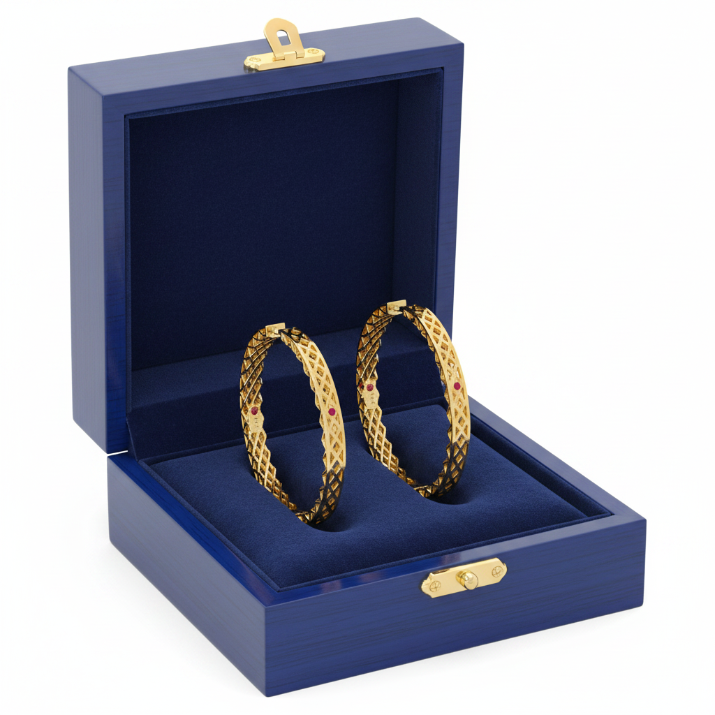 14K Yellow Gold Ruby Hoop Earrings in Royal Blue Gift Box