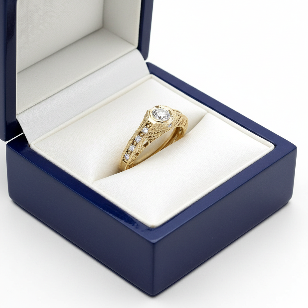 14k Yellow Gold Vintage Lab-Grown Diamond Ring in Royal Blue Wooden Box