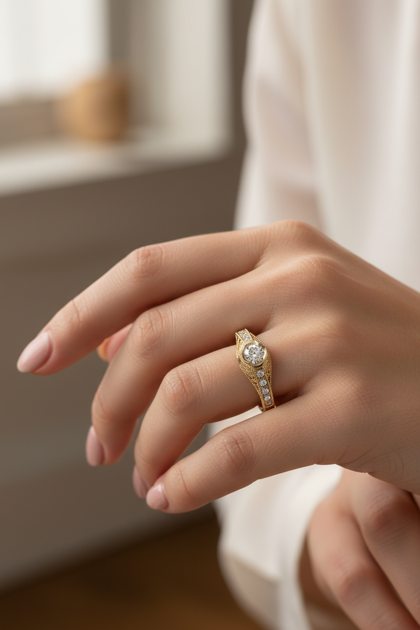 14k Yellow Gold Vintage Lab-Grown Diamond Ring on Model