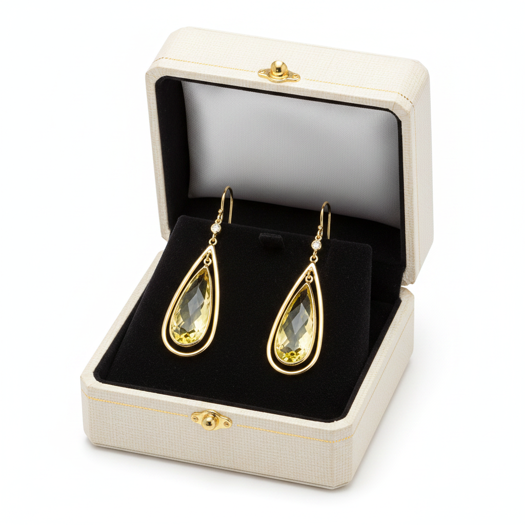 Lemon Quartz Diamond Earrings in Box