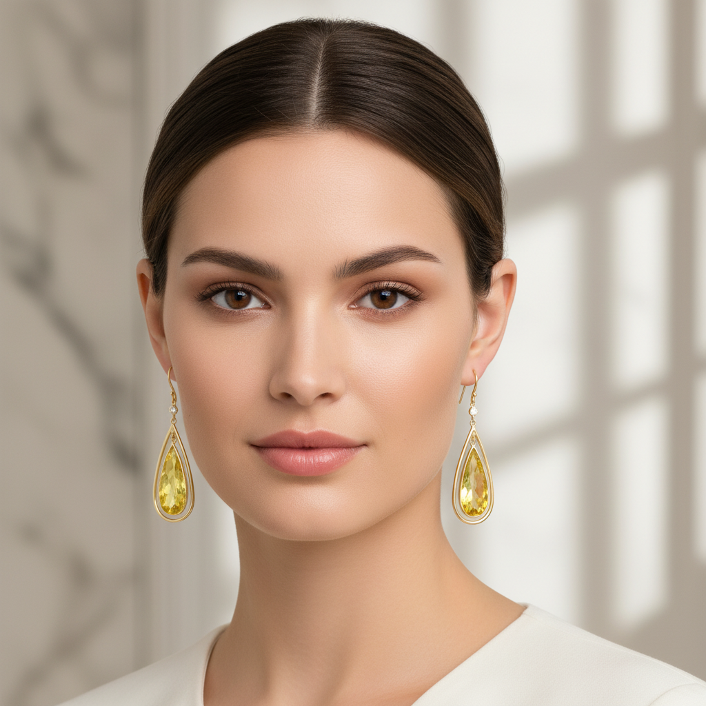 Lemon Quartz Diamond Earrings on Face