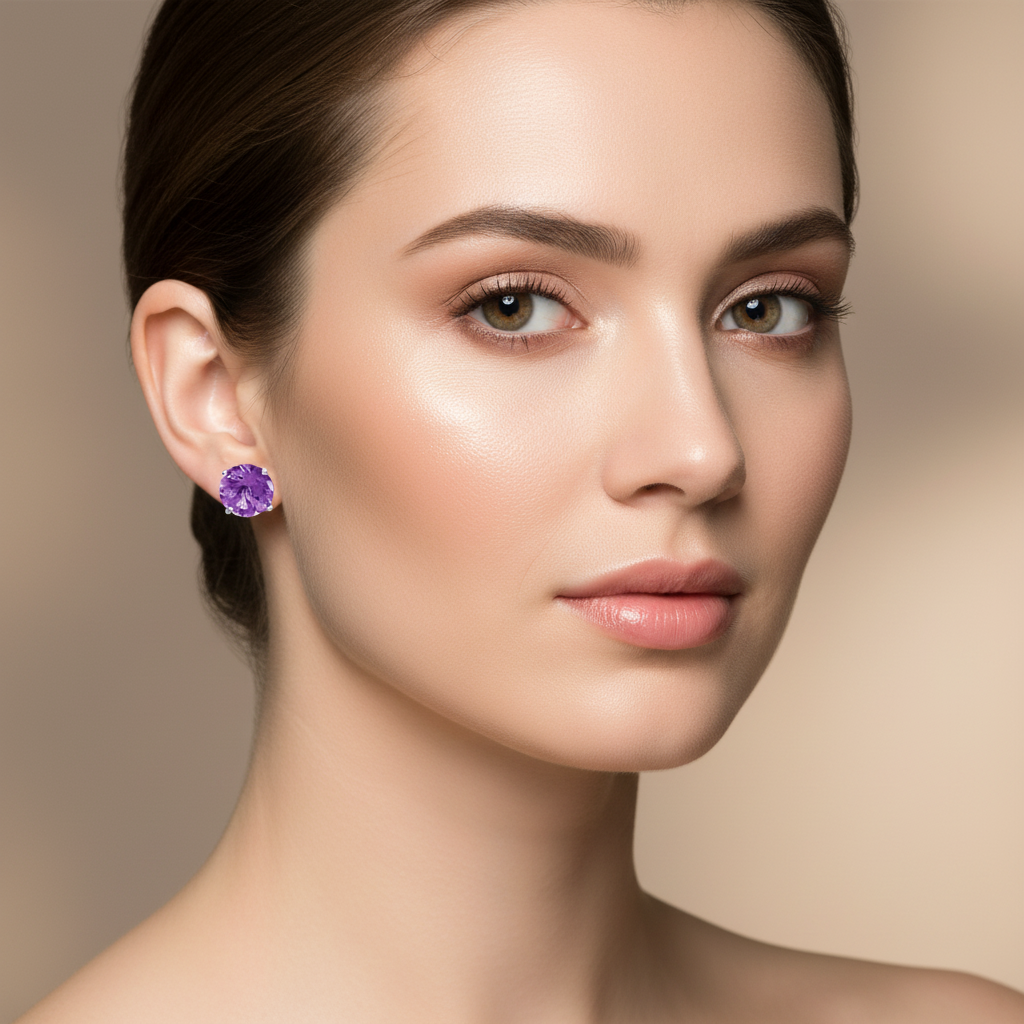 Amethyst Stud Earrings on Face