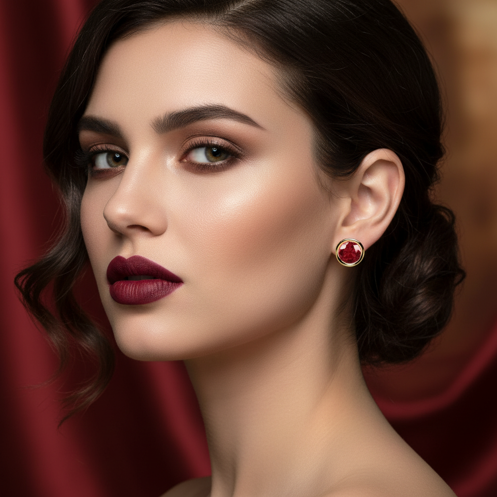 Ruby Bezel Stud Earrings on Face