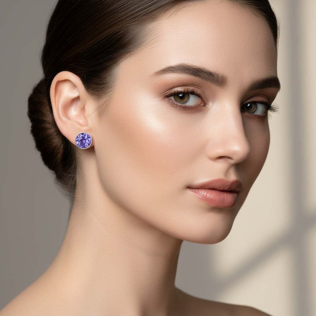 Iolite Bezel Stud Earrings on Face