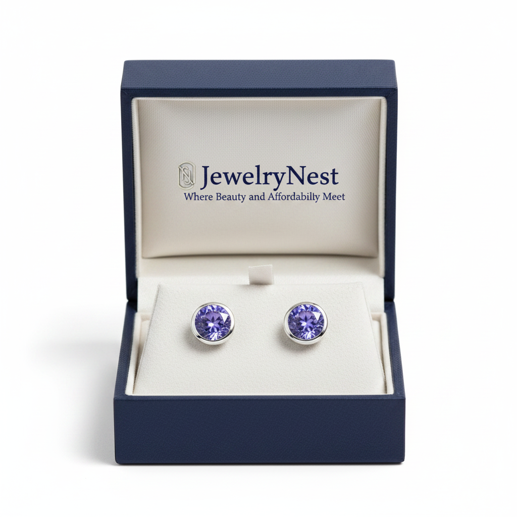 Iolite Bezel Stud Earrings in Box with Logo