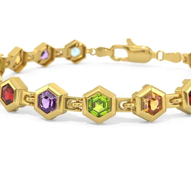 14K gold hexagon gemstone bracelet with 6.0 carats total weight, featuring colorful gemstone accents and a sleek jewelry design.