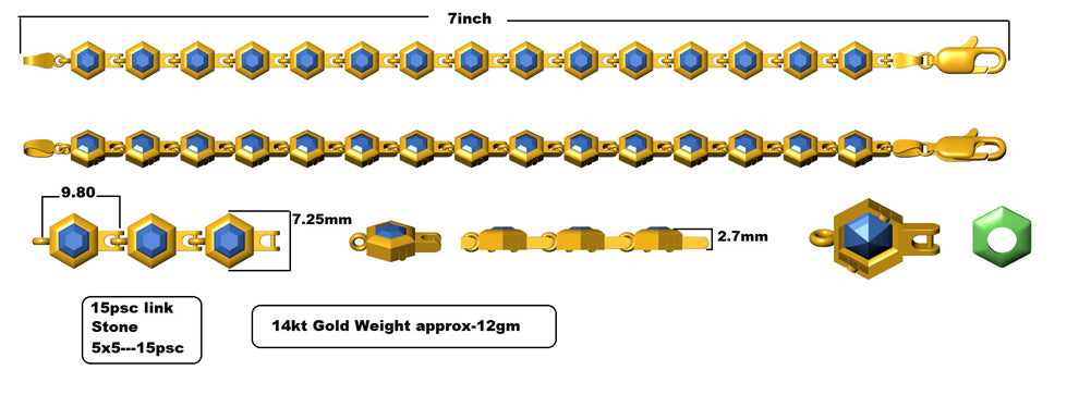 Gold chain with blue stones and measurement details on a white background