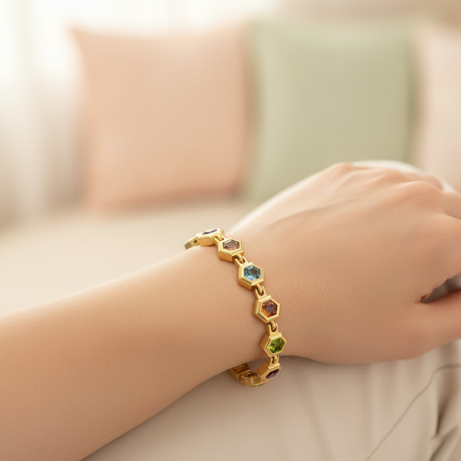 14K Yellow gold Bezel Hexagon Gemstones Bracelets (6.0.cts. tw) - JewelryNest
