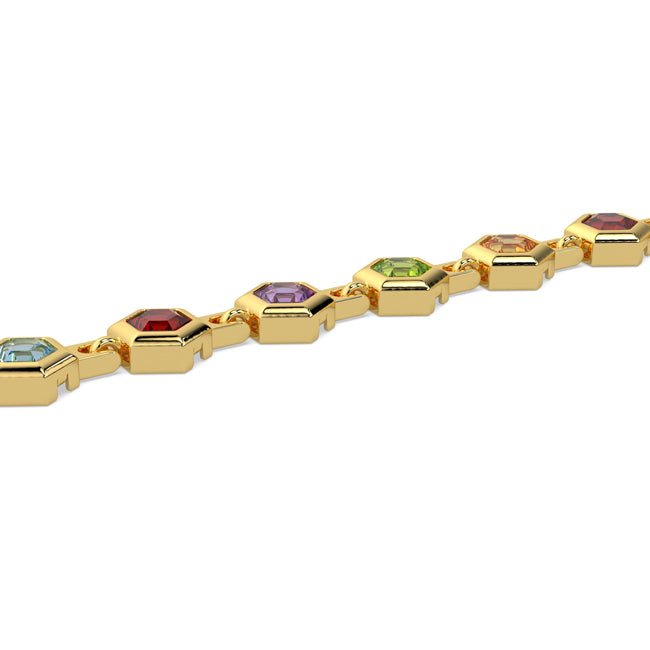 Gold bracelet with multicolored gemstones on a white background