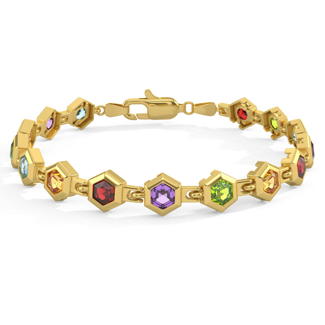 Gold bracelet with colorful gemstones on a white background