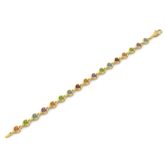 Gold bracelet with heart-shaped gemstones on a white background