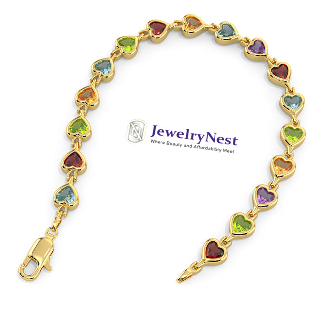 Gold bracelet with heart-shaped gemstones on a white background, featuring the JewelryNest logo.
