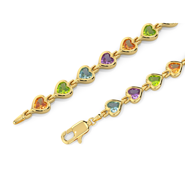 Gold bracelet with heart-shaped gemstones on a white background
