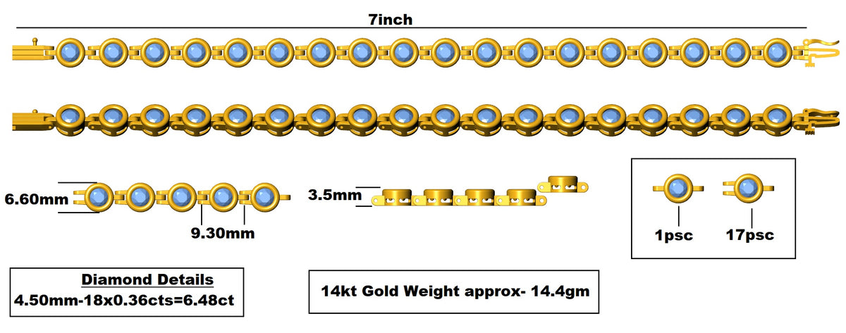 Gold chain with diamond details and specifications on a white background