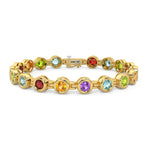 Gold bracelet with colorful gemstones on a white background