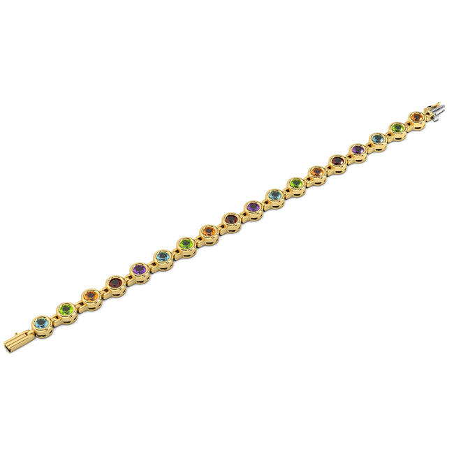 Gold bracelet with multicolored gemstones on a white background