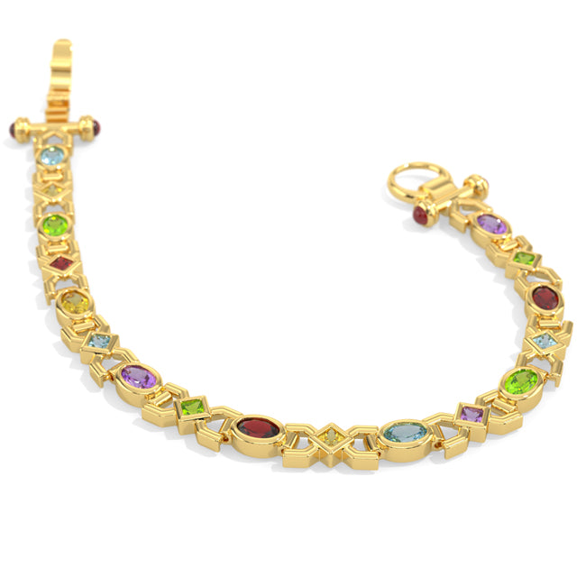 Gold bracelet with multicolored gemstones on a white background