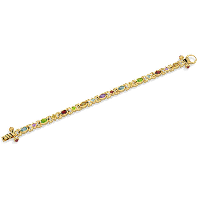 Gold bracelet with colorful gemstones on a white background
