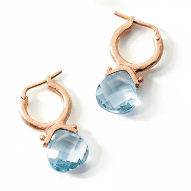 14k gold tear-drop Swiss blue checkerboard briolette earring with 5.0 cts.tw, JewelryNest jewelry on a white background.