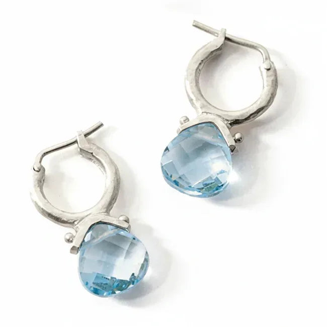14k gold tear-drop Swiss Blue checkerboard briolette earrings with 5.0 carats from JewelryNest, shown in close-up image.