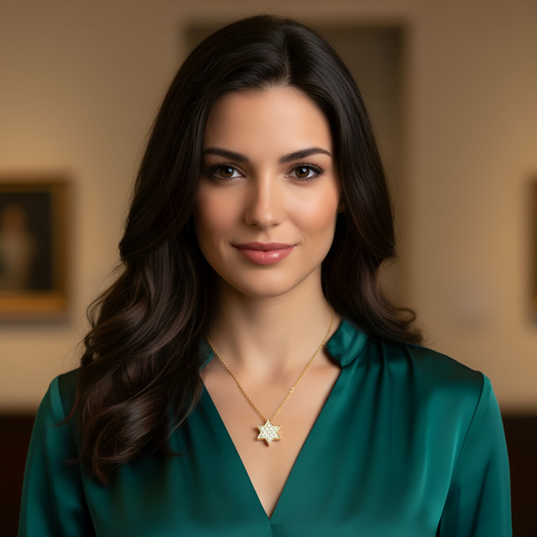 14k Gold Star of David Diamond Necklace (0.52.ct.tw)  On Model Neck 