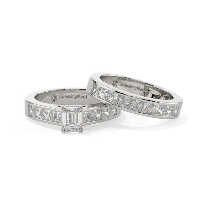 14k gold emerald cut diamond bridal wedding band set with 1.90 carats total from JewelryNest, showing detailed design and sparkling diamonds.