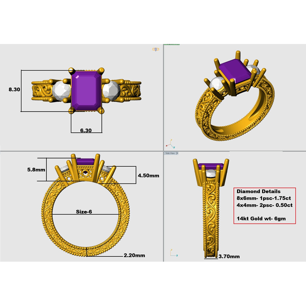 A 3D rendering of an ornate gold ring with a rectangular velvet gemstone, shown from multiple angles with measurement labels and a diamond details box on a light gray background.