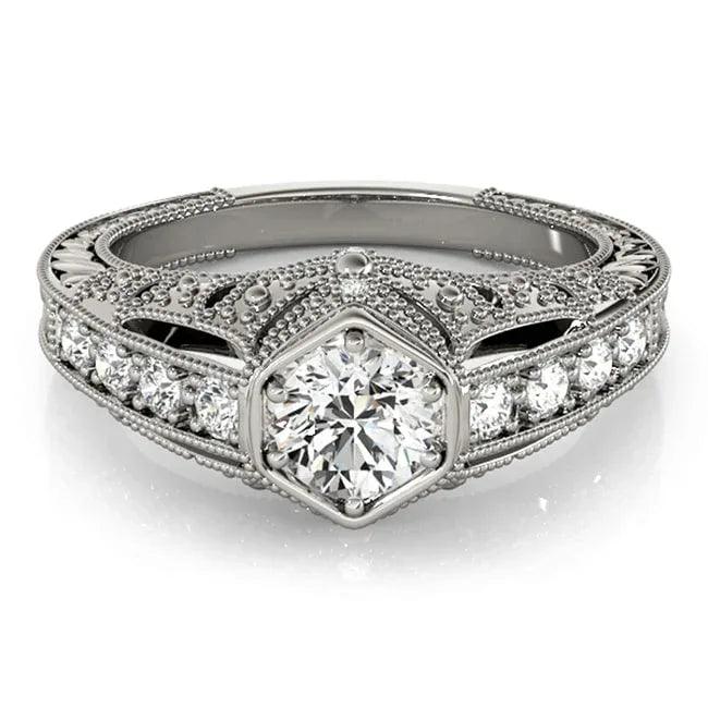 14k lab-grown vintage style diamond engagement ring with 1.50 carats tw, featuring intricate design and sparkling diamonds.