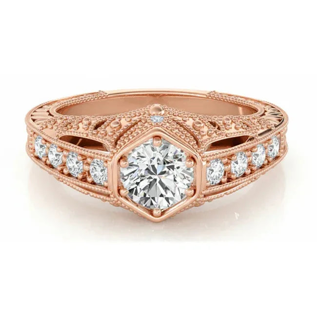 14k gold lab-grown vintage-style diamond engagement ring with 1.50 carats total weight, featuring intricate design and sparkling gemstones.
