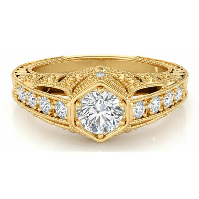 14k gold vintage-style diamond engagement ring with 1.50 carats total weight, featuring intricate design and sparkling diamonds.