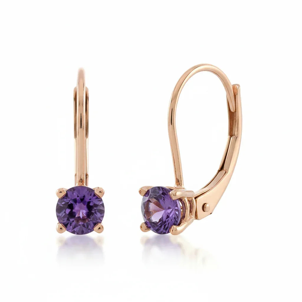 14k gold round amethyst European back earring with 0.50 ct tw, featuring a vibrant purple gemstone and elegant jewelry design.