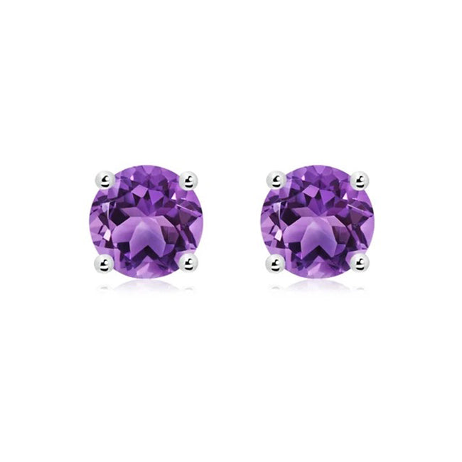 Pair of purple gemstone stud earrings on a white background