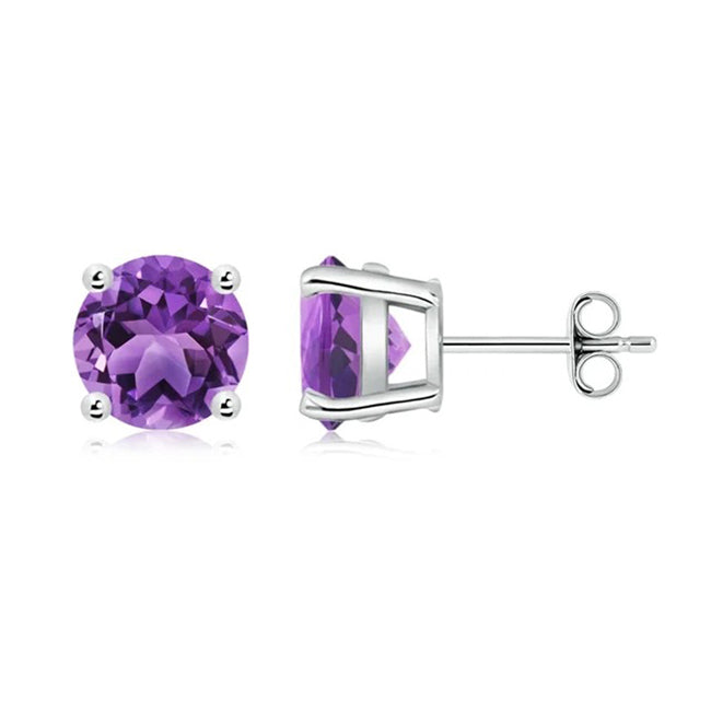 Pair of purple gemstone stud earrings on a white background