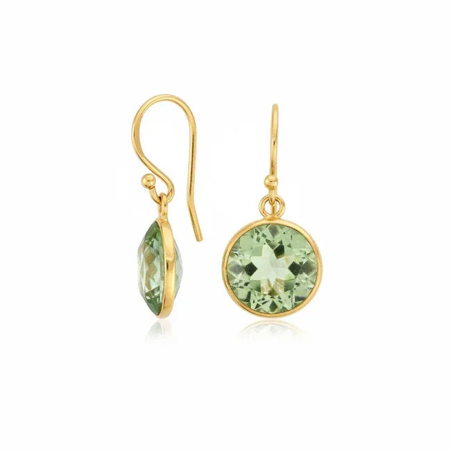 14k gold round green amethyst dangle earring with a 7.0 carat stone, featuring elegant jewelry design and sparkling gemstone details.