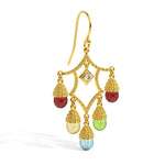 Gold earrings with colored gemstones on a white background