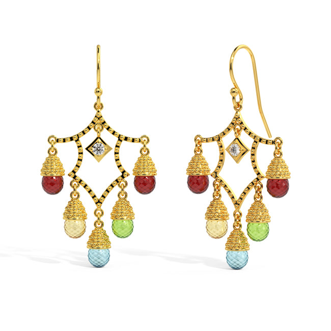 Gold chandelier earrings with colorful beads on a white background