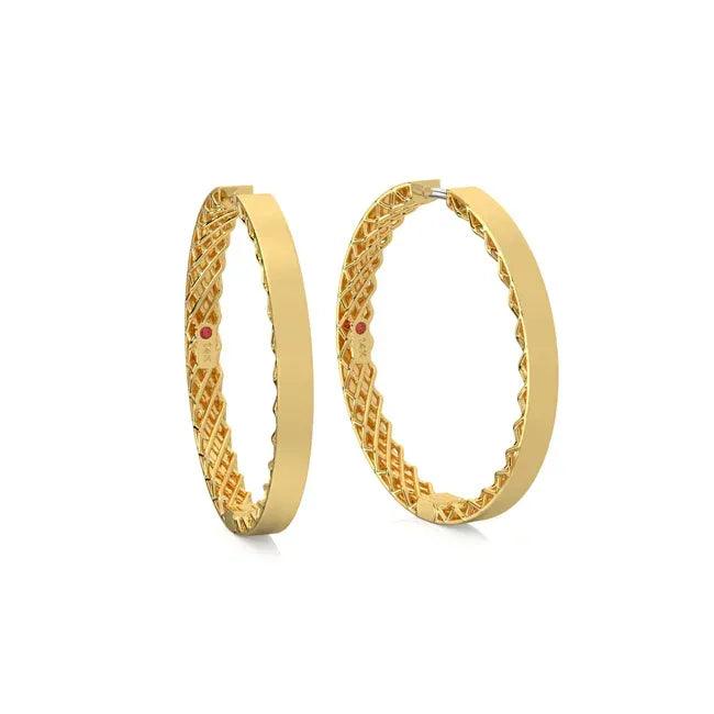 14K yellow gold ruby hoop earrings with sparkling red rubies, elegant jewelry accessory for women.